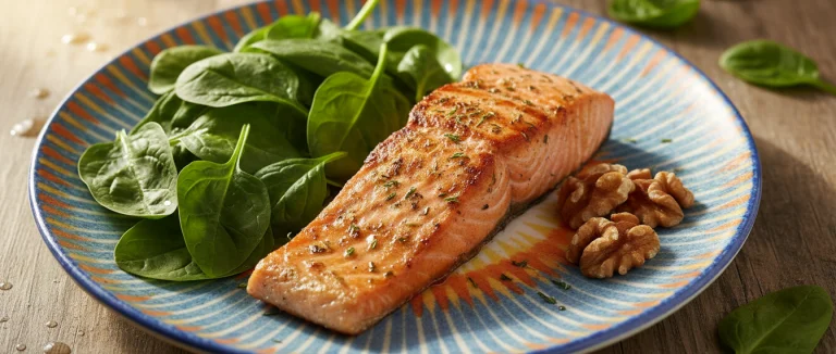 Тарелка с рыбой, орехами и зелёными овощами